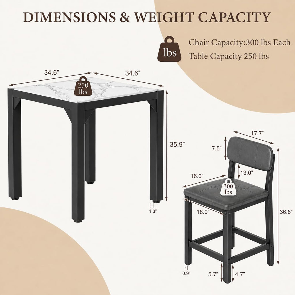 5-Piece Counter Height Dining Table Set for 4, Marble-Look, Grey