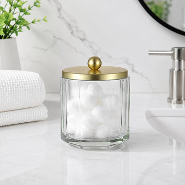 Clear Transparent Apothecary Octagional Shaped Glass Canister Jar With Gold Metal Lid Cover Organization, Cotton