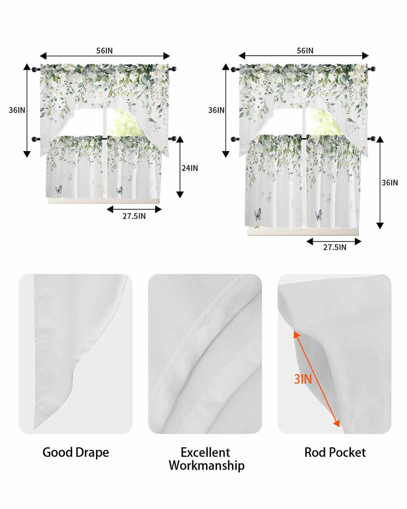 Sage Green Eucalyptus Leaf Kitchen Curtains Sets for Windows 3 Piece, Summer Floral Kitchen Curtains and Valances