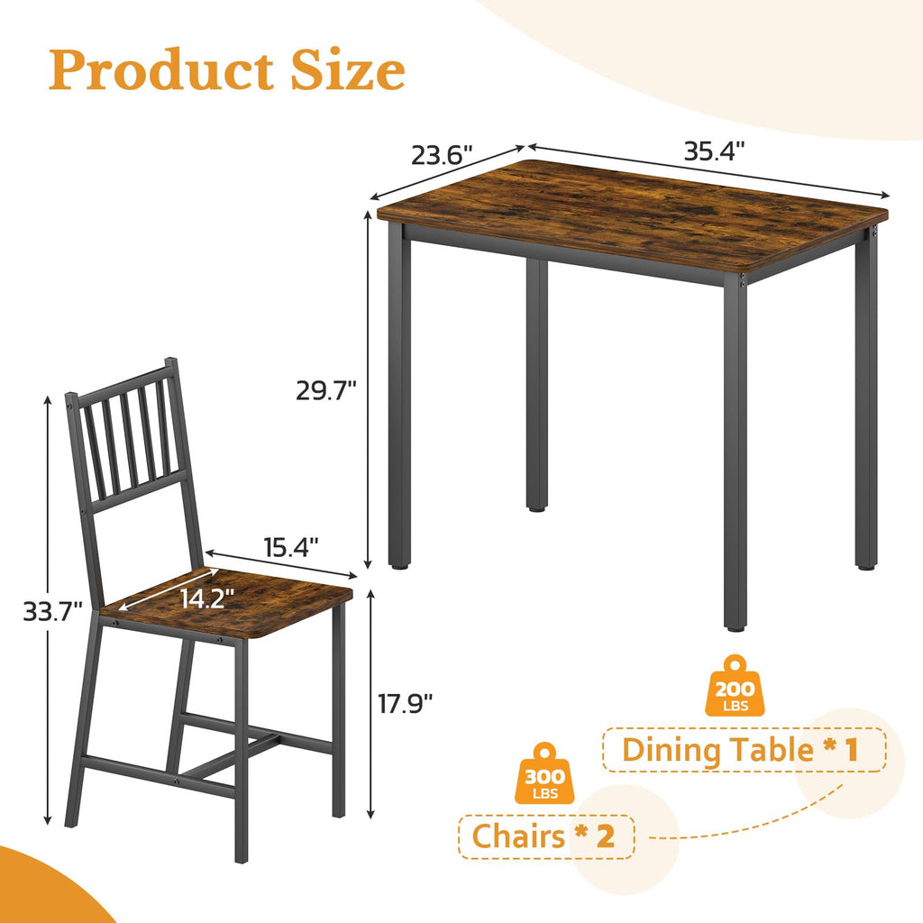 3 Piece Dining Table Set for 2 with Steel Frame & Adjustable Feet, Small Kitchen Table with 2 Chairs, Modern