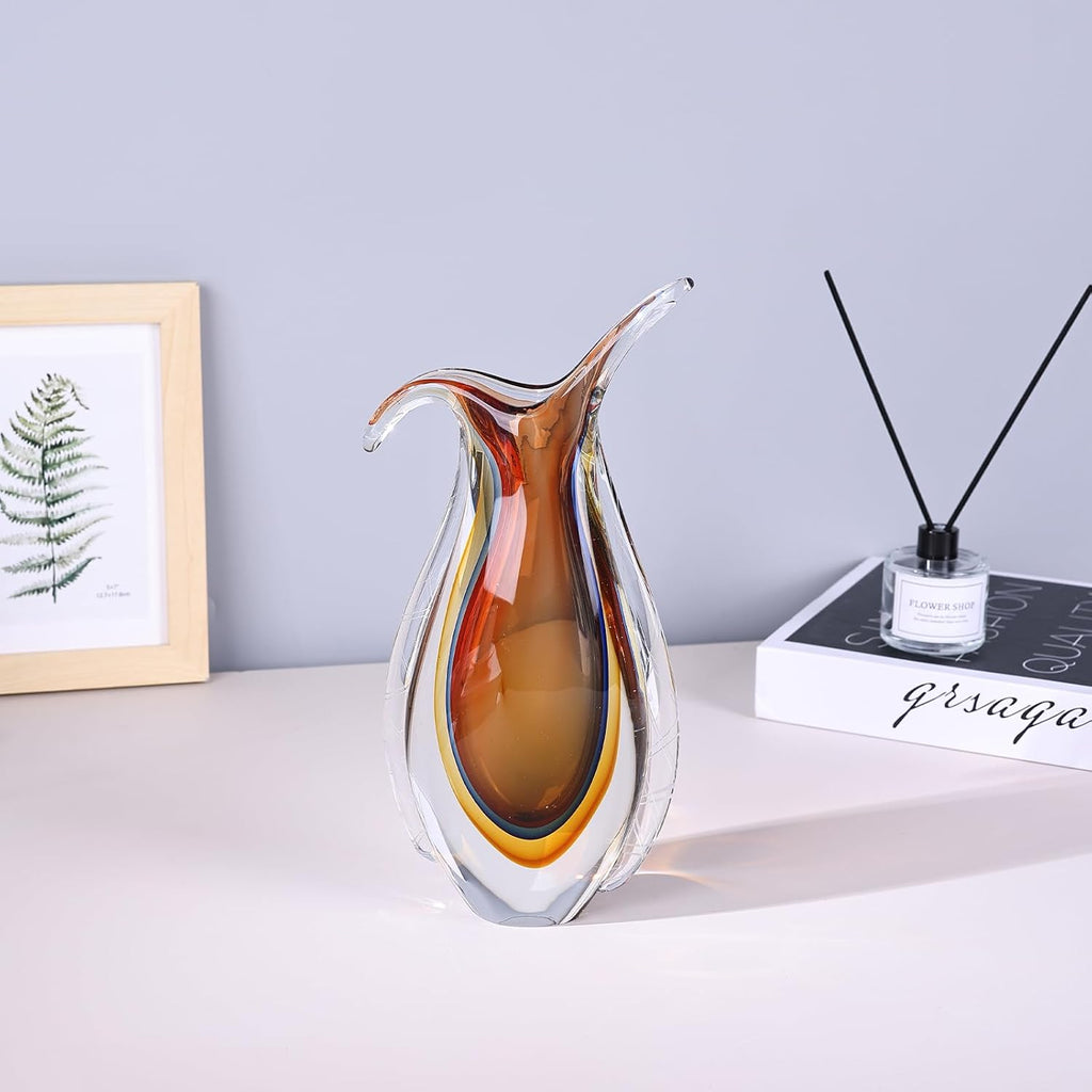 Hand Blown Glass Vase for Centerpiece, Murano Style Table Decoration, Orange Blown Art Glass Ellipse Flower Vase