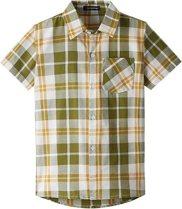 Boys Plaid Short Sleeve Shirt Casual Button Down Checked with Chest Pocket