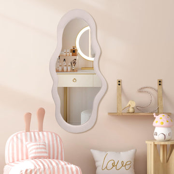 Grey Cloud Shaped Wall Mirror 44x21 Inch - Fabric Wrapped Irregular Asymmetrical Mirror Bedroom Bathroom Entryway