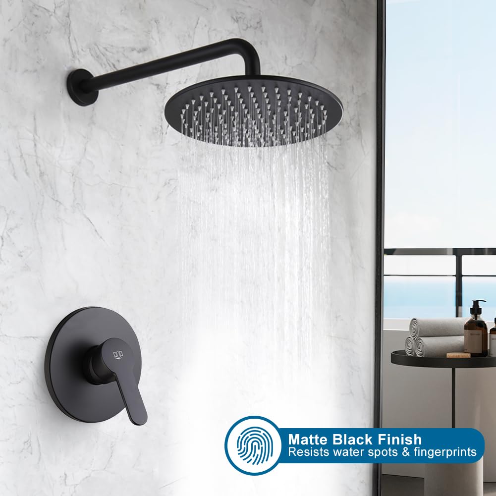 Matte Black Shower Faucet Set 10 Inch Round Rain Shower Head and Handle Set Bathroom Rainfall Shower System Wall