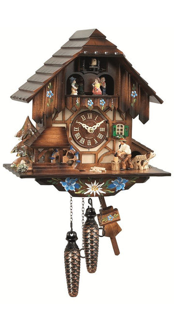 Quartz Cuckoo Clock with Musik Black Forest House with Moving Wood Chopper and Mill Wheel EN 463 QMT