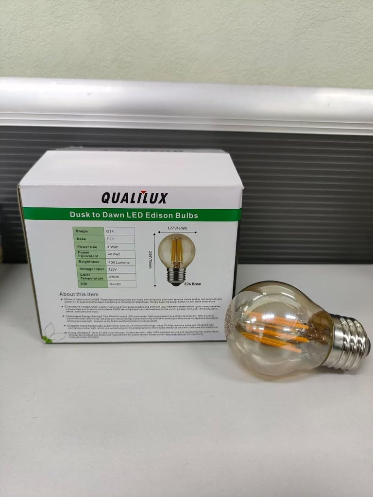 G14 Small Dusk to Dawn Edison Light Bulbs Outdoor, Vintage Amber Glass, 4W=40W, Replace A15, 400LM Warm Light, Auto