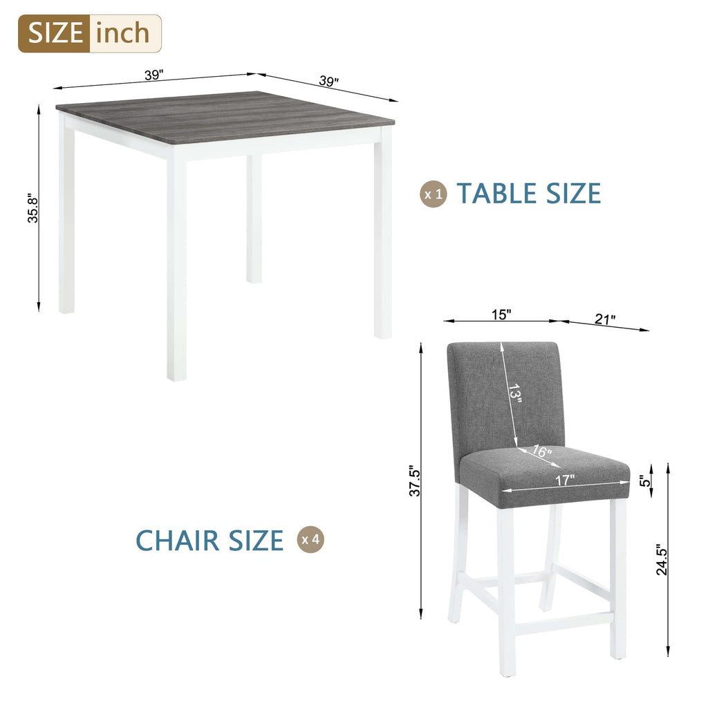 5-Piece Counter Height Dining Table Set with Chairs for 4, Wooden Modern Square Kitchen Table and Chairs Set, Space