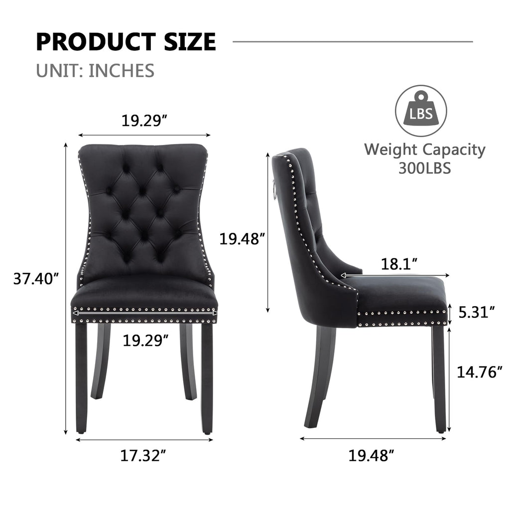 Velvet Dining Chairs Set of 2, Upholstered Dining Chairs with Ring Pull Trim and Button Back, Modern Seating (Black)