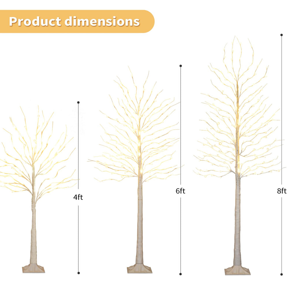 Birch Tree with LED Lights 4+6+8FT, 3PK Artificial Christmas Trees Prelit with 8 Lighting Modes and Timer, Lit
