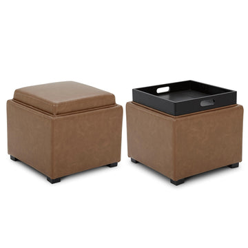Storage Ottoman Cube with Tray Lid, Set of 2, Small Footstool with Storage, Square End Table, Faux Leather in Saddle
