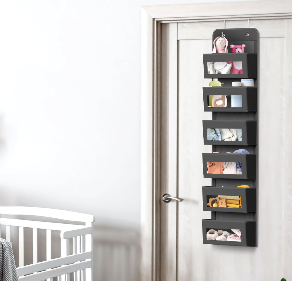 6 Clear Pocket Over Door Hanging Organizer, Dark Gray