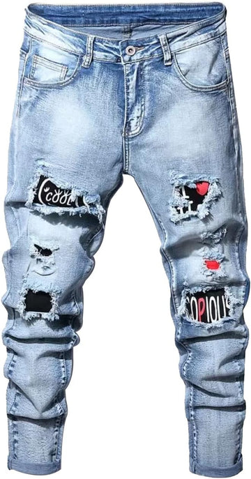 Boy's Skinny Fit Ripped Destroyed Distressed Stretch Slim Jeans Pants