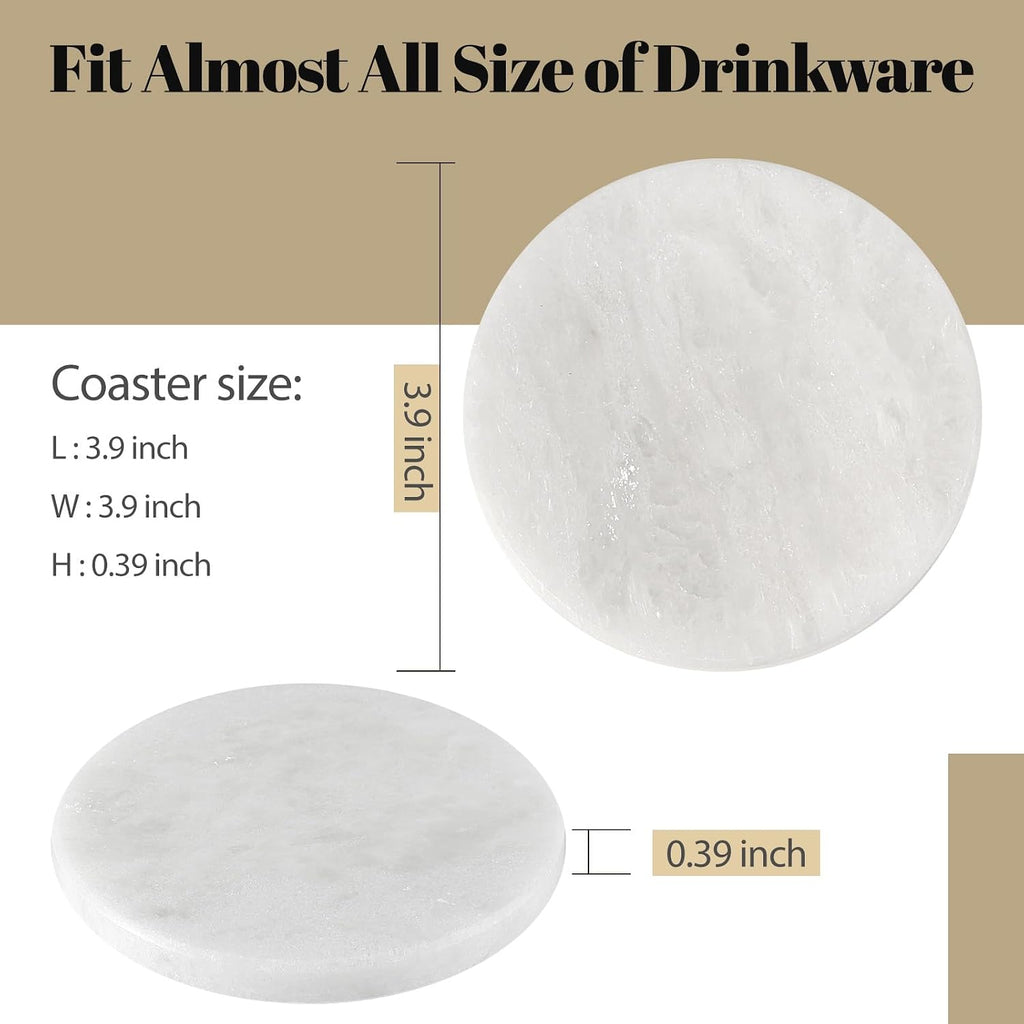 White Marble Coasters for Coffee Table, 3.9" Inches Handmade Round Coaster, Luxury Aesthetic Modern Drink - Set of 6