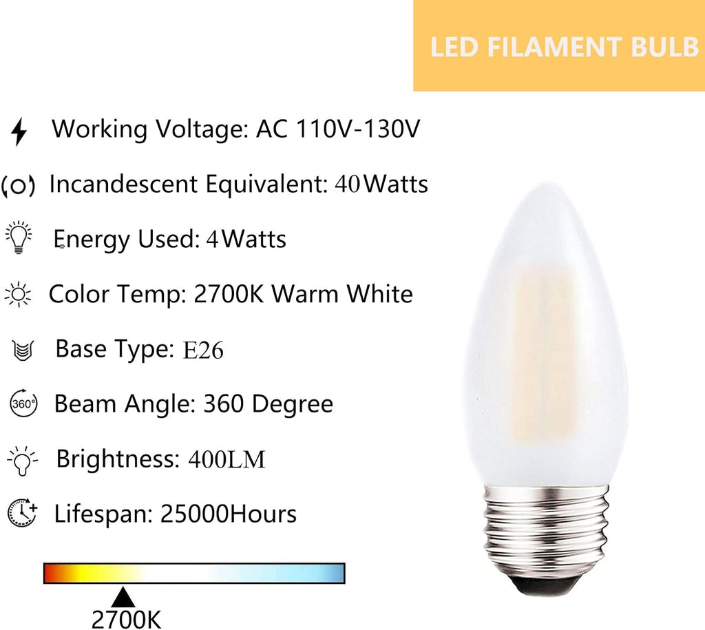 E26 Candelabra Bulb 40W Equivalent Dimmable Chandelier Light Bulbs
