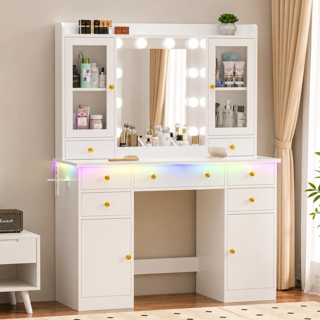 White Makeup Vanity Desk with Mirror and Lights, Smart RGB Light | Vanity Table with Charging Station & 7 Drawers