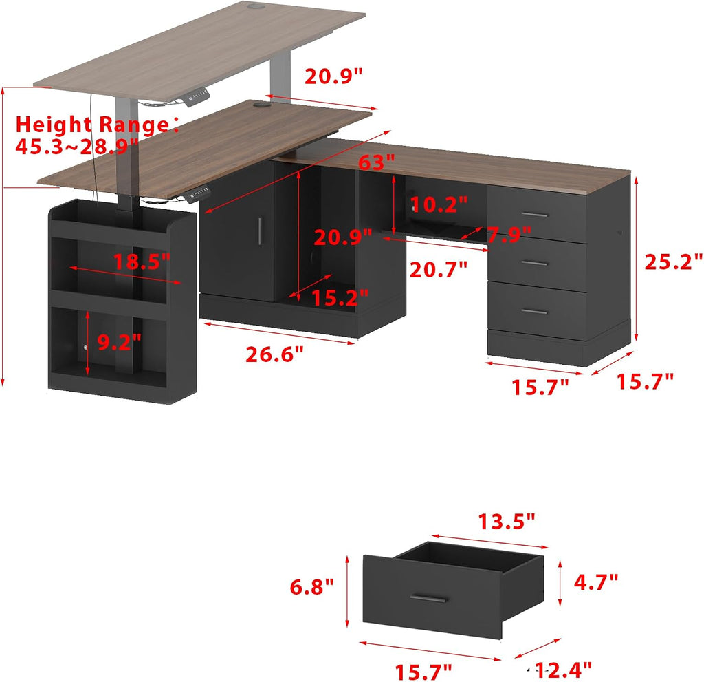 Electric Standing Desk with Drawers and Shelves, Executive Adjustable Height Stand Up Desk, L-Shaped Design, 63 inch