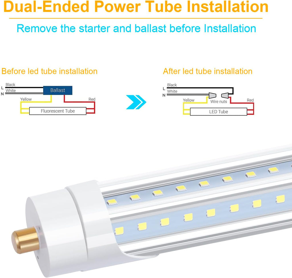 T8 V Shaped 8FT LED Tube Light,Need Bypass Ballast,90W Single Pin FA8 Base 6000K Cold White, 8 Foot (Replace 180W