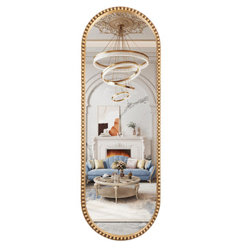 Oval Full Length Mirror, 20"x53" Metal Beaded Frame Large Hanging Dressing Floor Mirror, Antique Gold (No Stand)