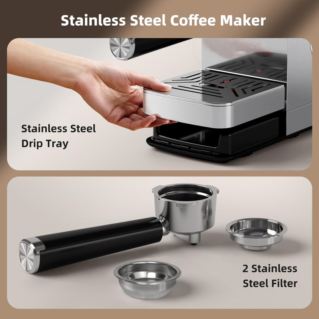 Espresso Machine with Steam Wand | 20-Bar Par Pump, Fast Cold Brew Function, 37oz Removable Water Tank, Stainless