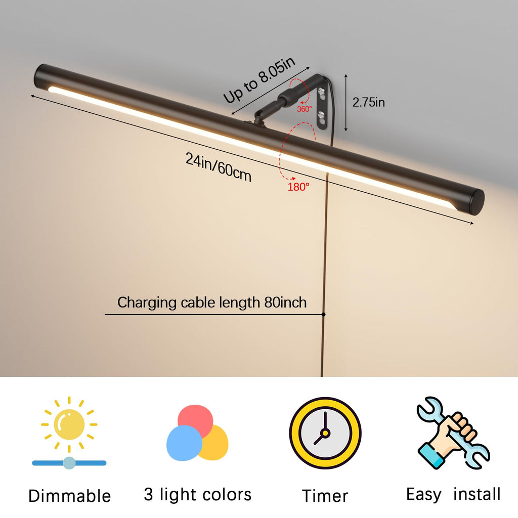 24" Plug in Picture Light 9W Black Art Light with Remote