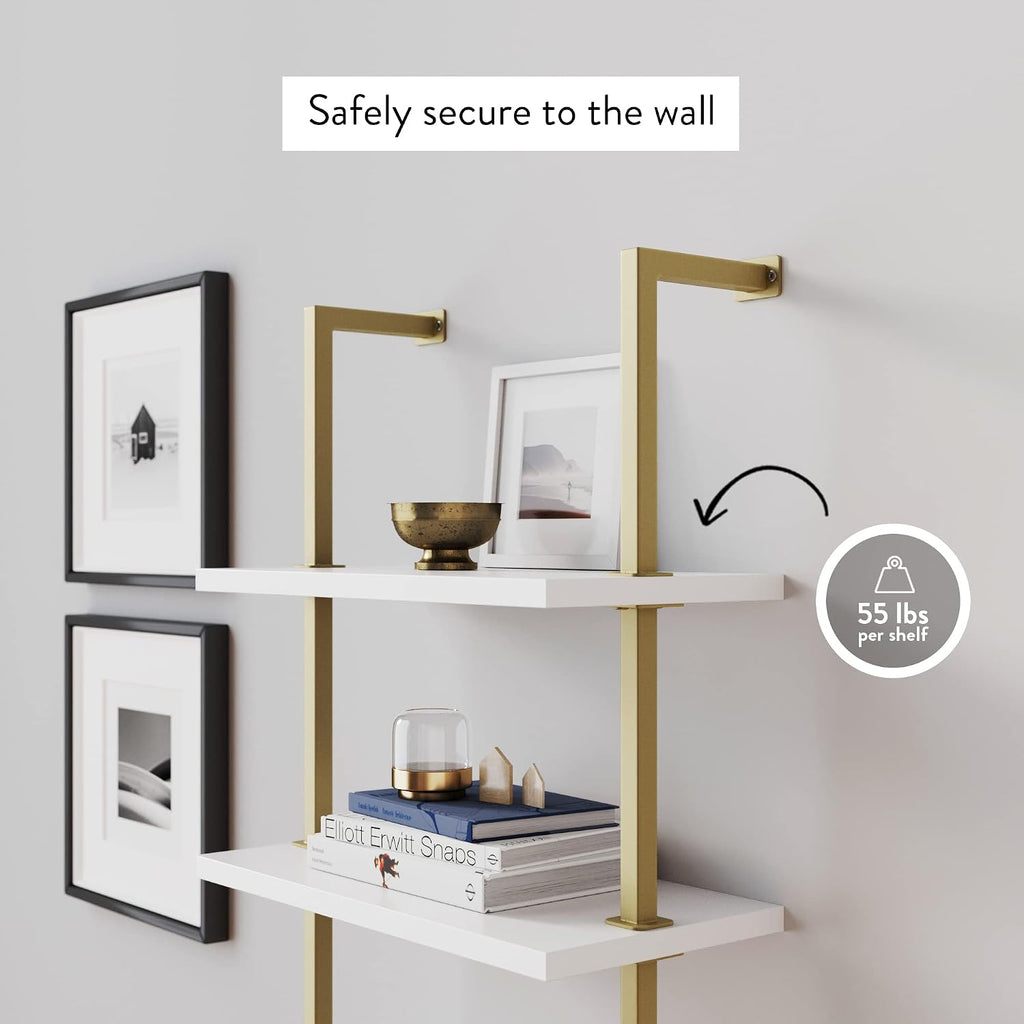Theo 5-Shelf Gold, Ladder Bookcase with Gold/Brass Metal Frame, White, Set of 2