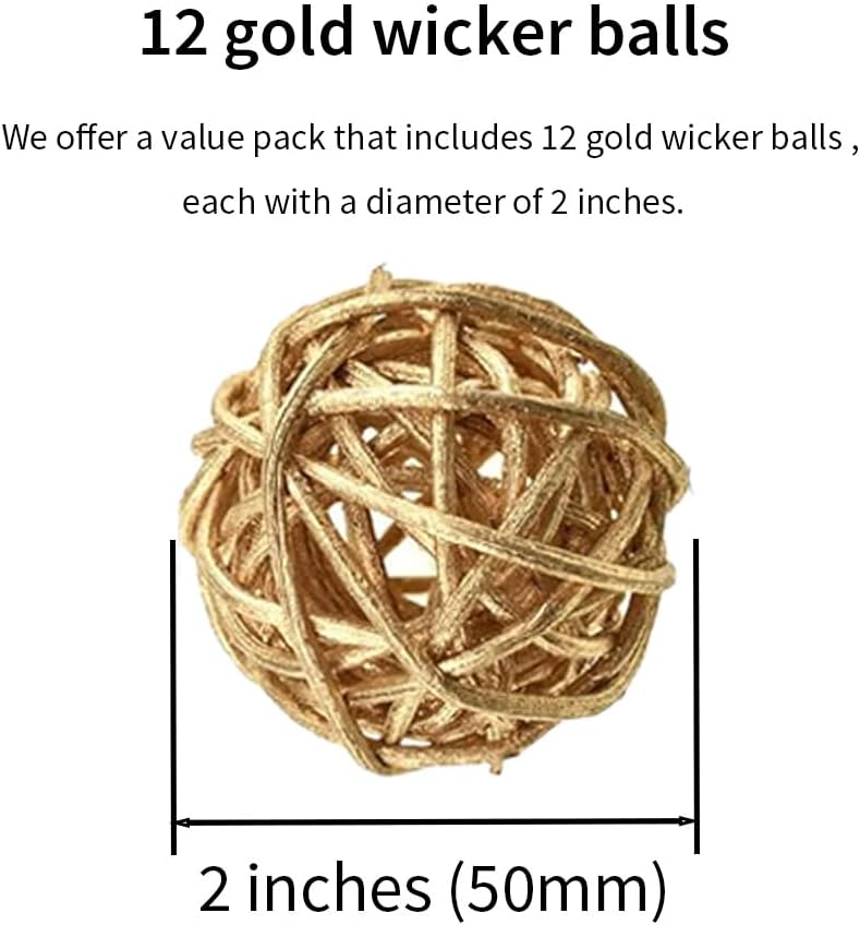 Inch Gold Wicker Rattan Balls Fade Resistant Decorative Orbs Decor Wedding Centerpiece Bowls Vase Fillers - Set of 12