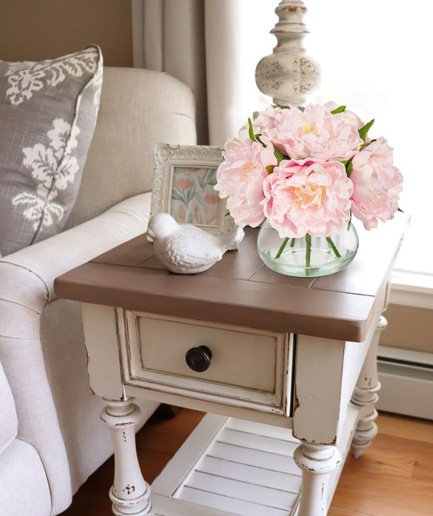 Pink Peonies Artificial Flowers with Vase Faux Flowers Peony Fake Flowers Silk Flower Arrangements in Glass Vase