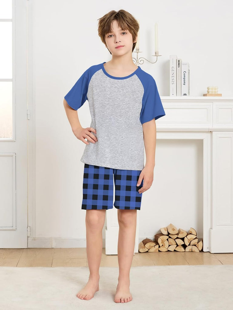 Boys Pajamas Set Two Piece Cotton Sleepwear Kids Short Sleeve Top and Shorts PJS Set with Pockets