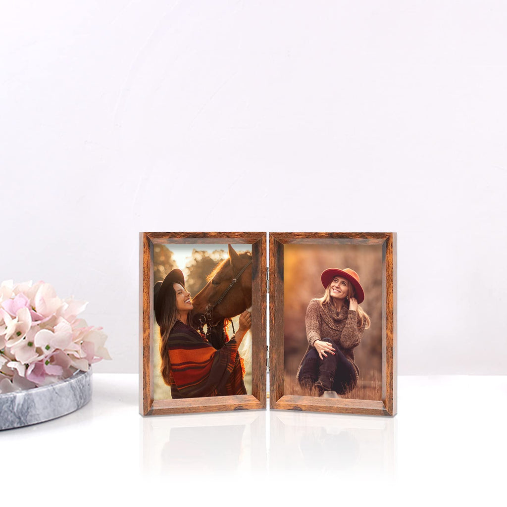 5x7 Double Picture Frame Rustic Brown Wooden Photo Frame