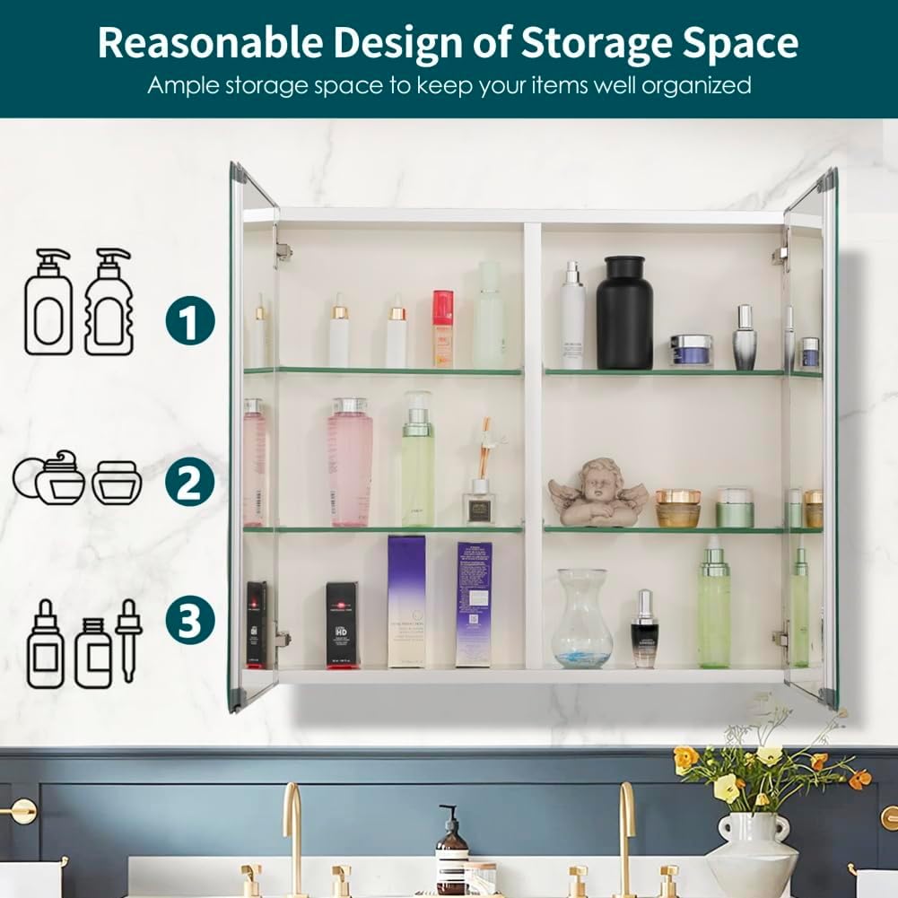 Double Doors Medicine Cabinet with Mirror, 30 inch X 26 inch Aluminum Bathroom Medicine Cabinet, Adjustable Glass