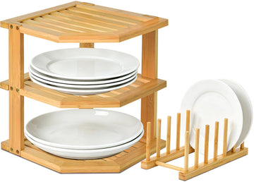 Bamboo Plate Organizer for Cabinet Set, 3 Tier Corner Shelf & Plate Holder