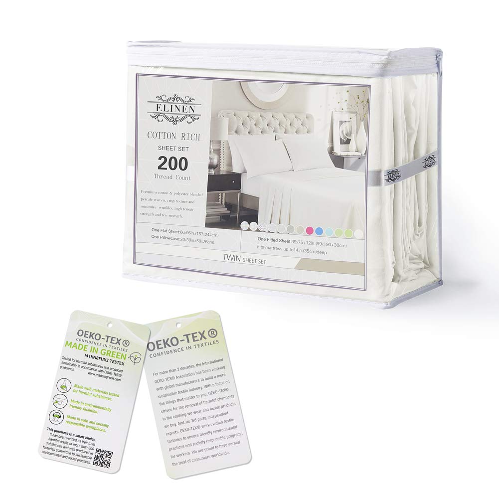 Twin Size Percale Bed Sheets, 200 Thread Count Cotton Polyester Blend Sheet Set, Wrinkle Free, Breathable, Crisp