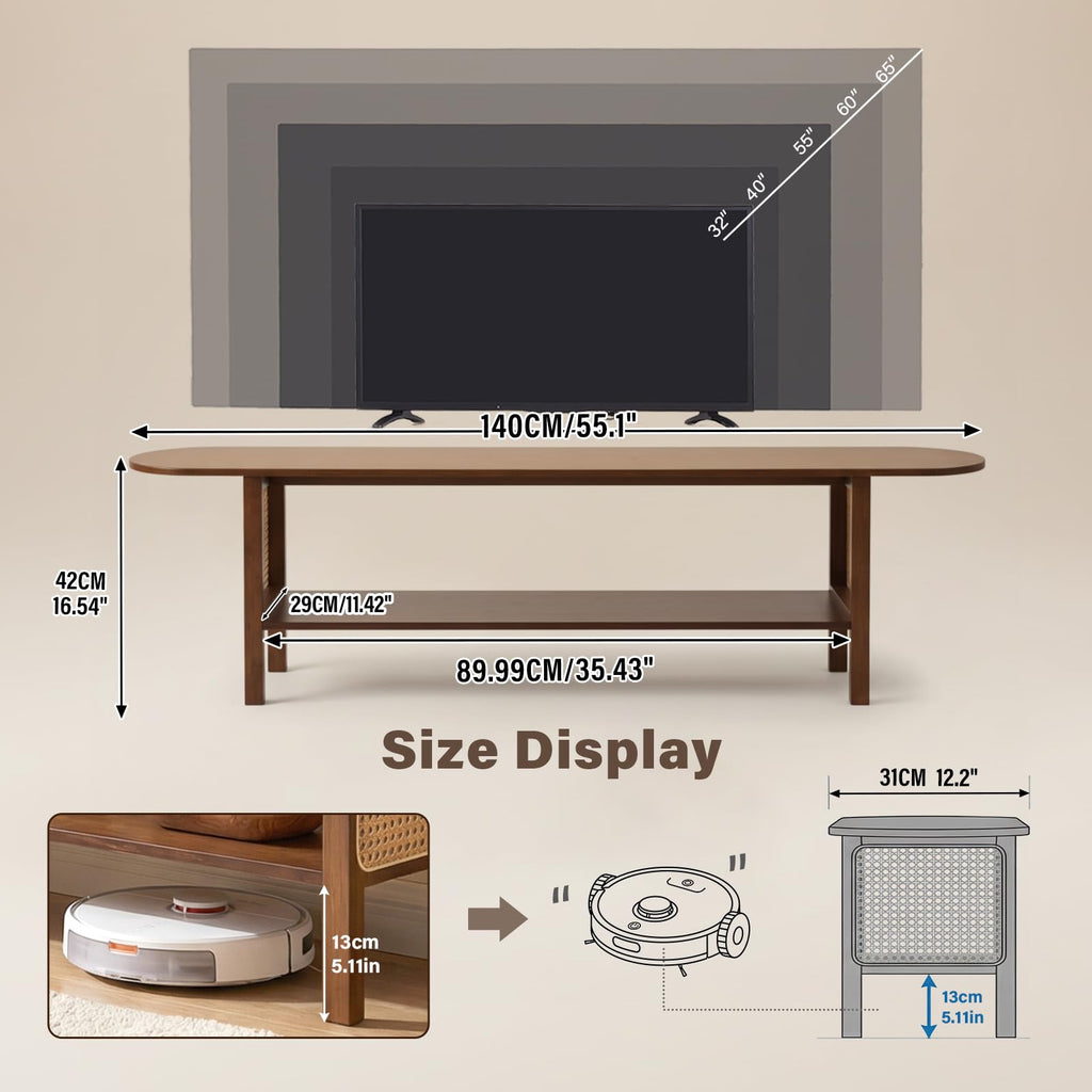 Walnut Rattan TV Stand for 65'' TV, Media Console, 2 Open Shelves