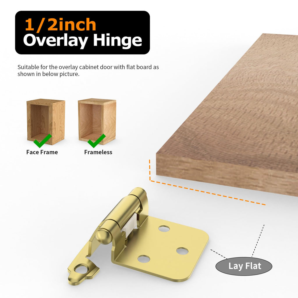 1/2" Overlay Cabinet Hinges, 10 Pack Self Closing Flush Mount Hinges with Door Bumper, Variable Decorative Hardware