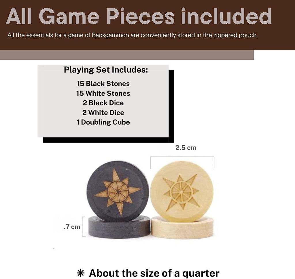 Roll-up Portable Suede Deluxe Backgammon Game Set- Elegant Design Engraved Wood Stones Pop-Up Playing Field - Set of 30