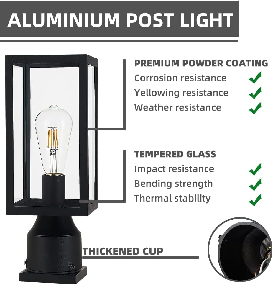 Outdoor Post Light,Waterproof Cast Aluminium Lamp Post Light Fixture,Post Lantern with Pier Mount Base,Matte Black