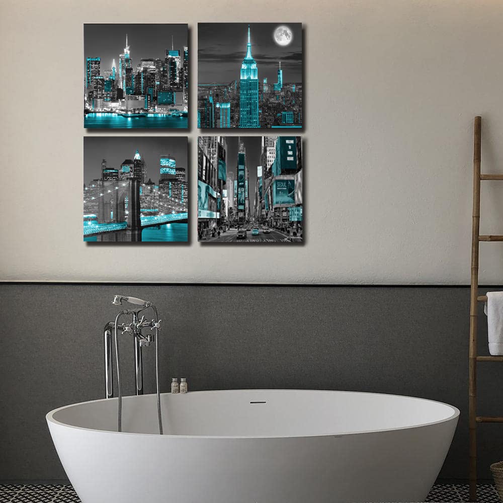 York City Canvas Wall Print black and white Brooklyn Bridge Pictures Blue Empire Building Wall Night View Modern