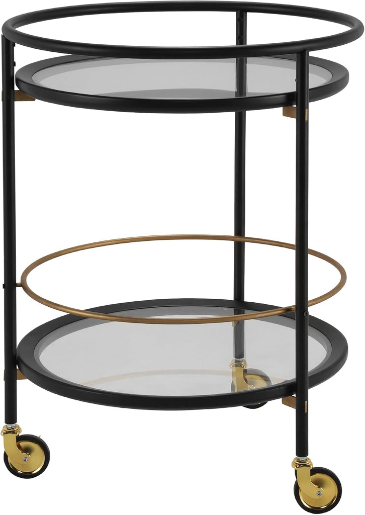Modern Round Bar Cart with Dual Tempered Glass Shelves, Lockable Wheels and Gold Metal Accents, Rolling Beverage