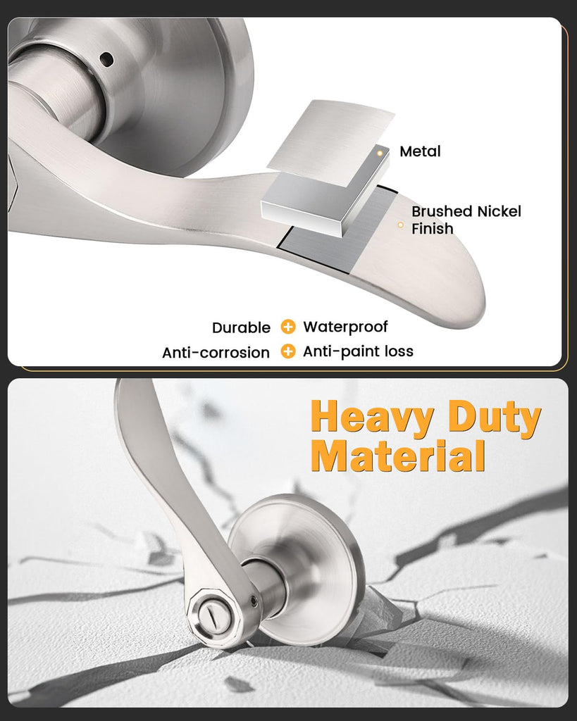 Satin Nickel Interior 8 Pack Door Handles, Privacy Keyless Door Levers for Bed and Bath, Drop/Wave Reversible Brushed