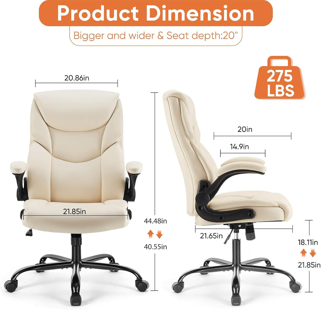 Office Executive Chair - Heavy Duty High Back Home Desk Chair with Flip-up Armrest, PU Leather, Height Adjustable &
