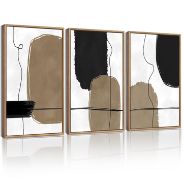 Abstract Wall Art Framed Neutral Beige Mid Century Textured Artwork Black Minimalist Line Modern Illustrations