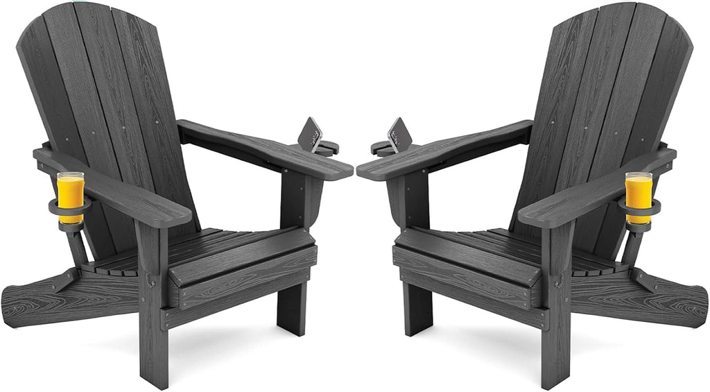 Outdoor Adirondack Chair Set of 2 with Cup Holders,Grey | HDPE Composite,Waterproof,Wood Grain,Cup & Phone