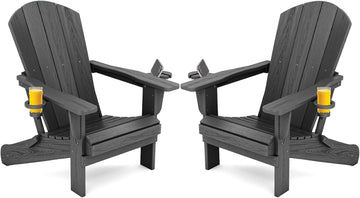 Outdoor Adirondack Chair Set of 2 with Cup Holders,Grey | HDPE Composite,Waterproof,Wood Grain,Cup & Phone