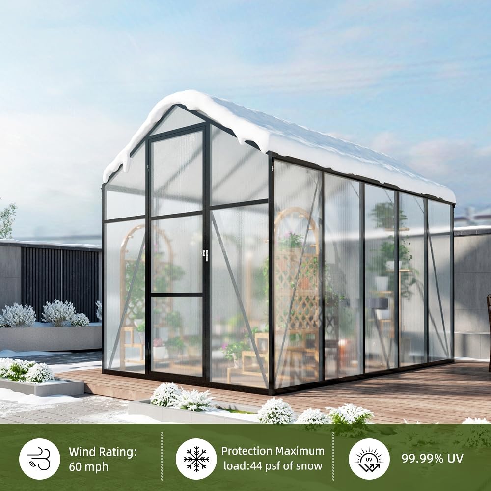 6*8.2FT Greenhouse for Outdoors, Polycarbonate Greenhouse with Stronger Wind Protection and Roof Vent, Walk-in Large
