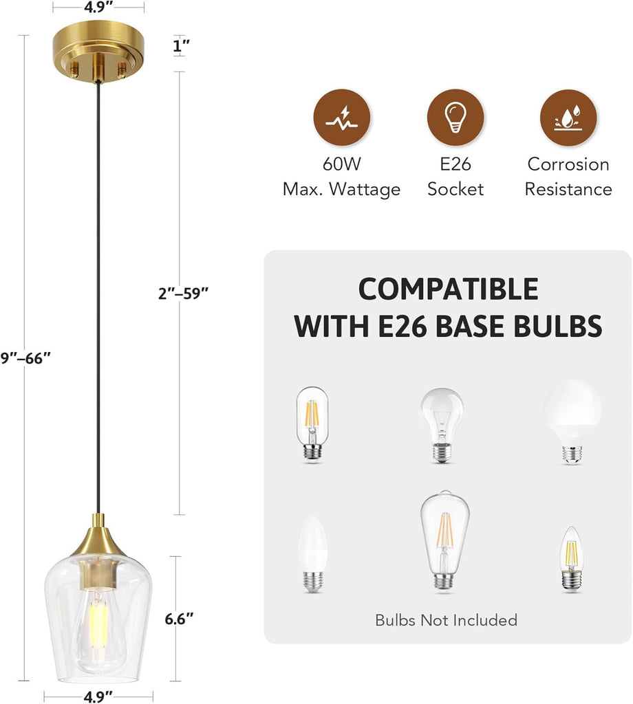 Pendant Lights Kitchen Island, Brushed Gold Pendant Light Fixtures with E26 Base & Adjustable Cable, Modern Pendant