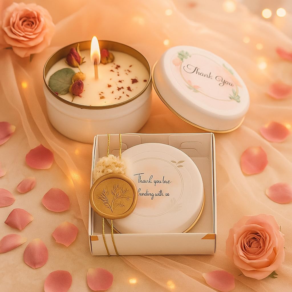 Wedding Candle Favor Set with Gift Box - Personalized Soy Wax Candles with Gold Seal & Gold String, Dried Flowers - Set of 10