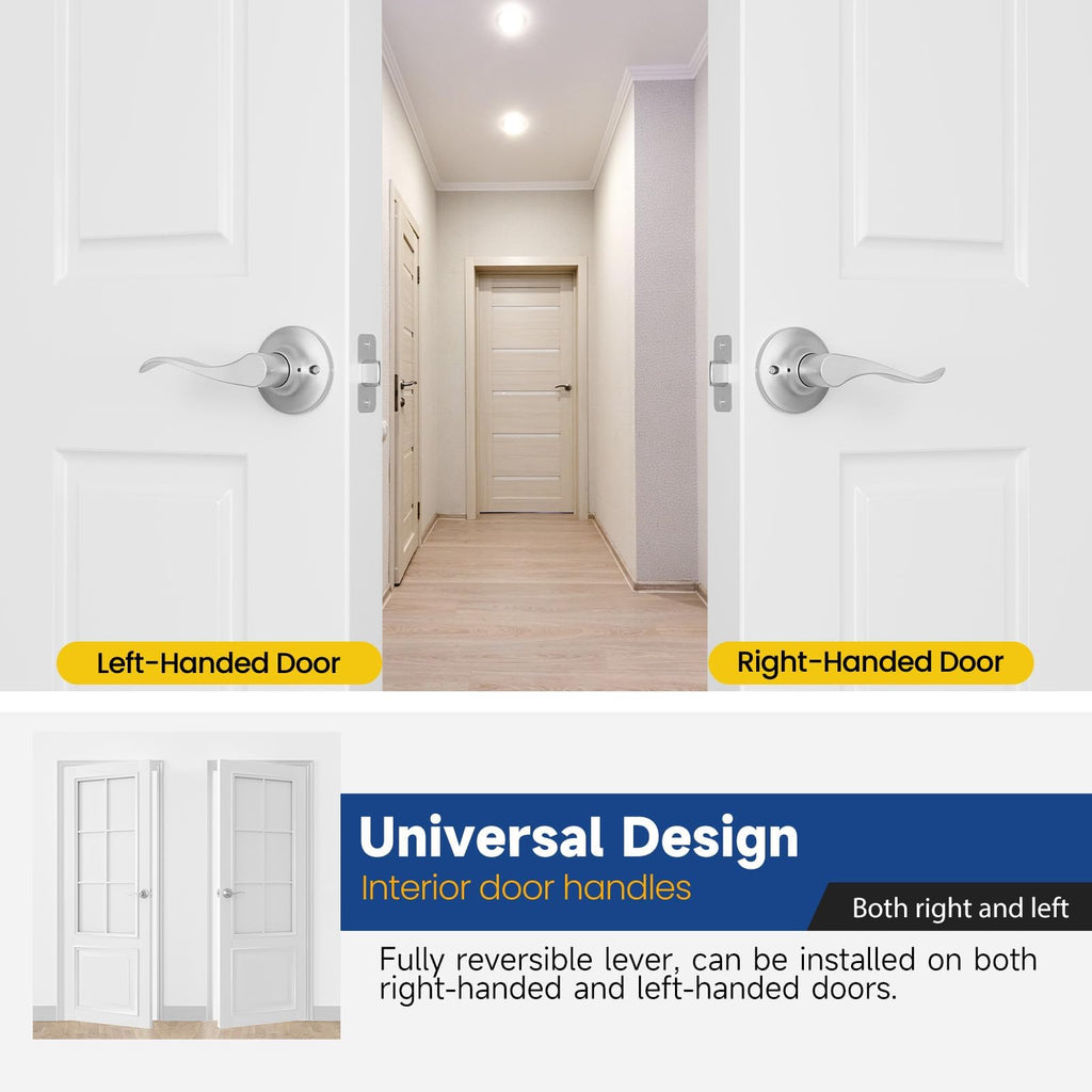 Passage Door Handle Keyless Closet Door Handles Interior Wave Lever Door Handle, Reversible for Right & Left, Satin