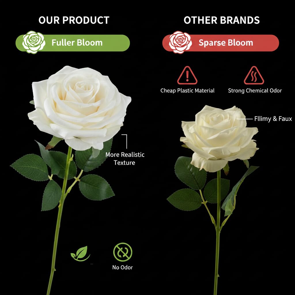 100 Pcs White Rose Artificial Flowers Bulk, Ivory Silk Fake Roses with Long Stem for Wedding Decoration, Bridal