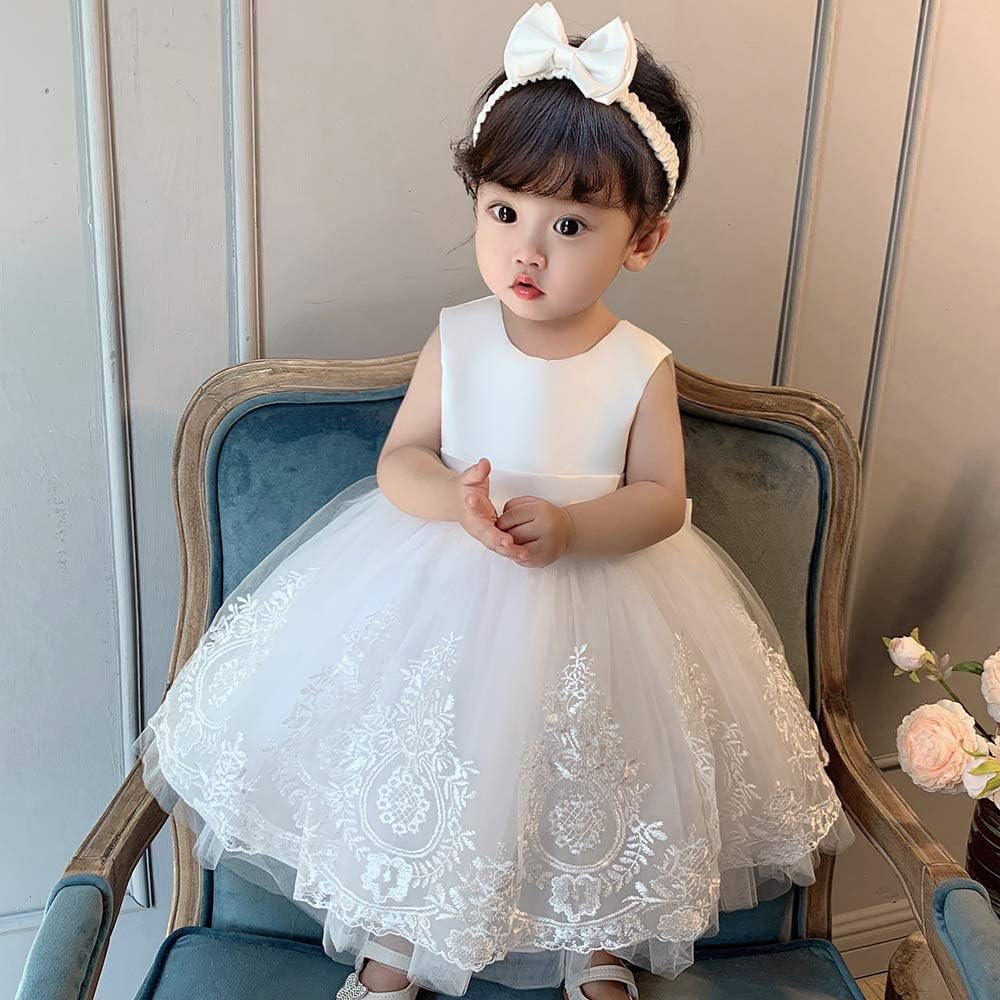 Big Bowknot Toddler Baby Girls Formal Dresses Pageant Party Lace Embroidery Dress with Headwear