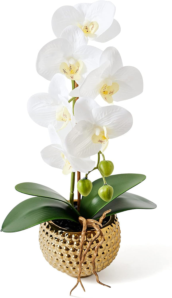 Orchids Artificial Flowers, 15" Faux Orchid in Gold Flower Pot Real Touch Flowers in Pot Large Flower Arrangements - Set of 6